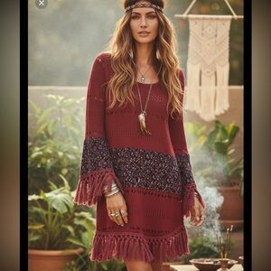 Easel Women’s Boho Tunic Mini Dress Knit Tiered Mix Media Bell Sleeve Hippie
